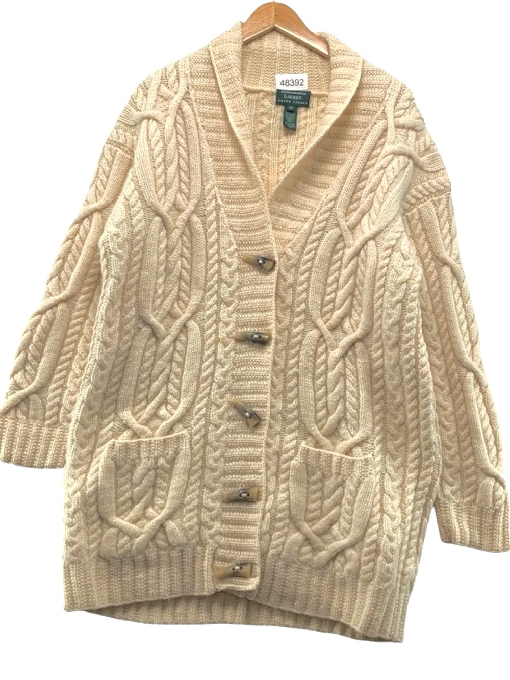 Lauren Ralph Lauren Cream Cable Knit Shawl Collar Cardigan w/ Pockets Wool Large